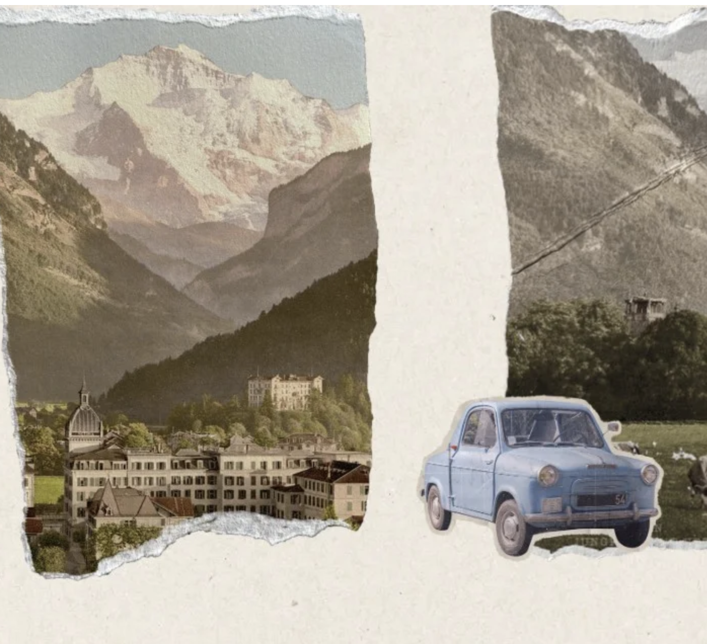 A cut out picture of an old car against a torn old photograph of a mountain Range